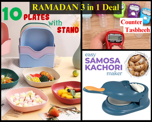 3-in-1 Ramadan deal (Samosa Maker, Counter Tasbeeh, 10 piece Plastic Plastes set)